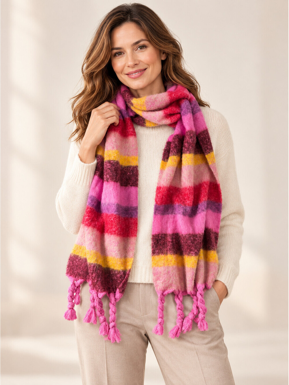 Steve Madden Women’s Pink Multi Plaid Blanket Scarf Fringe NWT $42